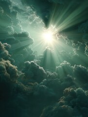 Obraz premium Sun shining brightly with rays of light on green cloudy sky from Generative AI