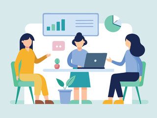 Collaborative Business Meeting with Data Analysis and Team Discussion in a Modern Office Setting Featuring Three Women and Visual Charts