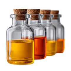Elegant glass bottles filled with colorful liquid on a white background, perfect for natural remedy and beauty concepts