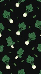 pak choi pattern on plain black bright background cartoon design art illustration background for card or invitation quirky vibrant retro concept