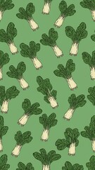 pak choi pattern on plain green bright background cartoon design art illustration background for card or invitation quirky vibrant retro concept