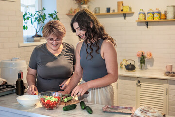 Two women of different generations cooking together in a cozy kitchen. mother and daughter cooking...