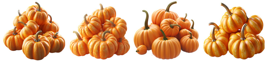 Collection of orange pumpkins in different shapes and sizes, isolated on transparent background