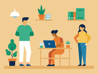 Diverse Professionals in a Modern Office Setting with Plants Books and a Laptop Illustrating Collaboration and Productivity in a Flat Design Style