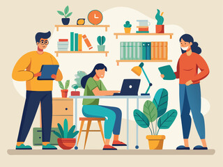 Team Collaboration in a Modern Office Space Featuring Remote Work and Digital Devices with Shelves and Plants for a Productive Environment
