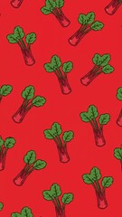 swiss chard pattern on plain red bright background cartoon design art illustration background for card or invitation quirky vibrant retro concept