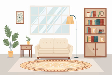 Flat Vector Illustration of Cozy Modern Living Room Interior with Sofa, Lamp, Carpet and Bookshelf in Minimalist Pastel Style