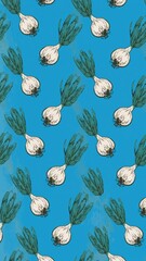 turnip greens pattern on plain blue bright background cartoon design art illustration background for card or invitation quirky vibrant retro concept