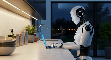 Humanoid Robot Working on Laptop in Kitchen