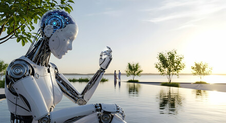 Robotic humanoid reflecting by a serene lake
