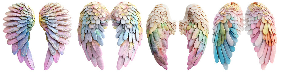Fototapeta premium Set of colorful angel wings set with iridescent gradient feathers, isolated on transparent background