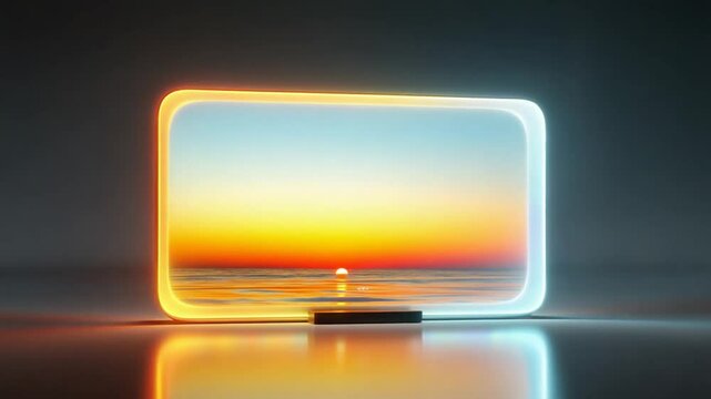 Neon Frame Displaying a Beautiful Ocean Sunset Reflecting on a Polished Surface