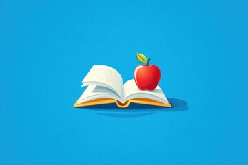 Minimalist Flat Design of Book and Apple on Blue Background