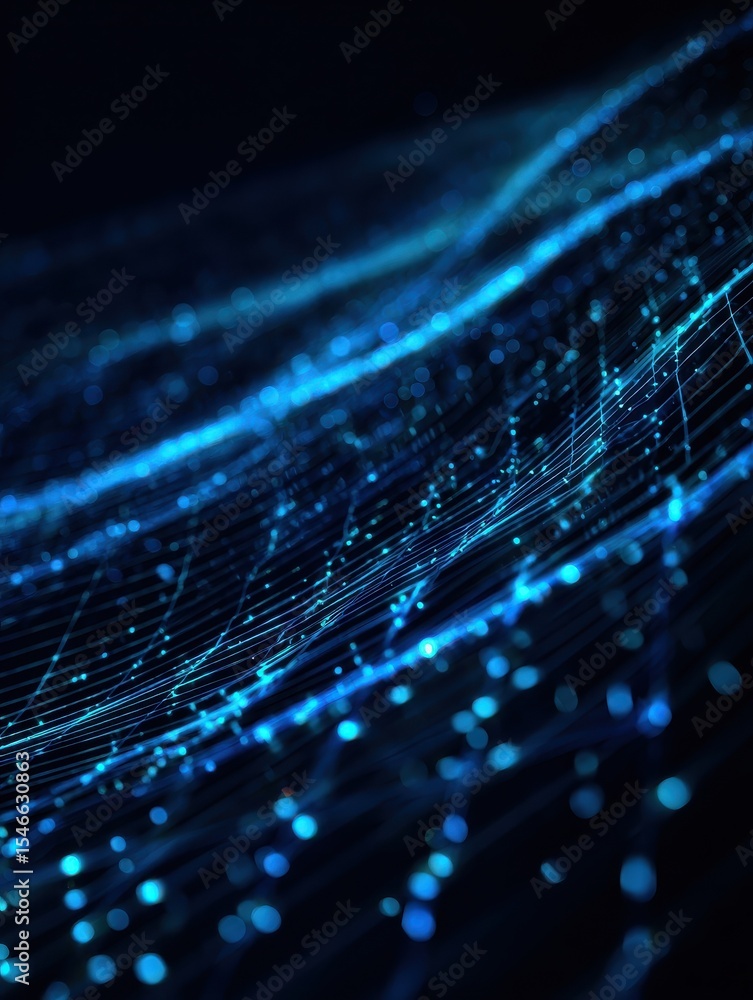 Poster a mesmerizing display of glowing blue data streams flowing through an abstract digital grid, symboli