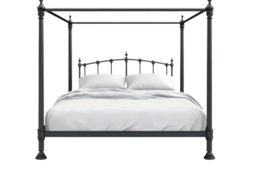 Elegant wrought iron canopy bed beckons serene dreams under soft white sheets a haven for rest on transparent background