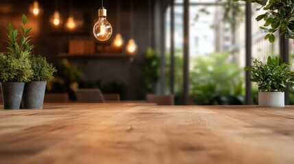 A beautifully designed cafe showcases a warm atmosphere with plants and pendant lighting, creating a welcoming environment ideal for relaxation and socializing.