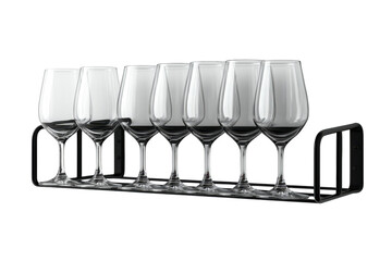 Elegant wine glasses aligned on a sleek black rack evoke a sense of refinement and on transparent background