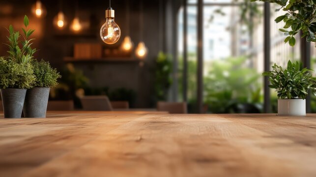 A beautifully designed cafe showcases a warm atmosphere with plants and pendant lighting, creating a welcoming environment ideal for relaxation and socializing.