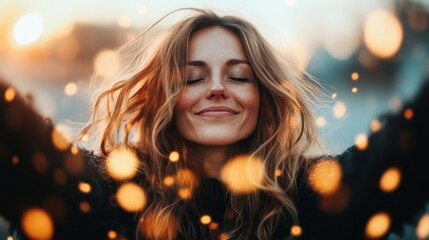 A radiant woman smiles with joy as the sun sets behind her, arms wide open, embracing the warmth of nature and the feeling of freedom and happiness in the moment.