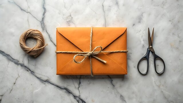 Orange envelope tied with twine, spool of jute, and scissors on marble