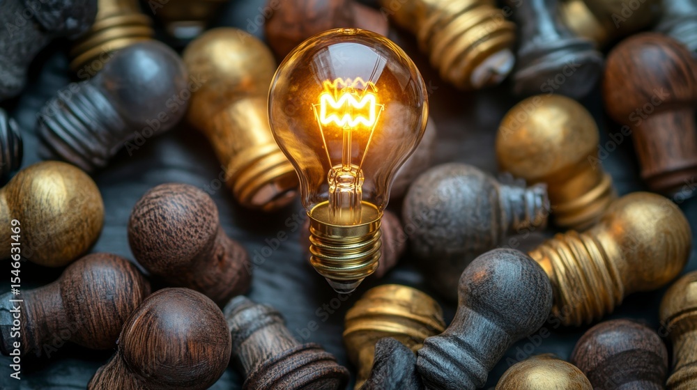 Poster glowing lightbulb surrounded by unlit bulbs, representing innovation and new ideas.