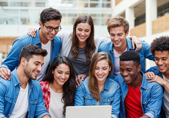 A diverse group of smiling young friends look at a laptop together indoors