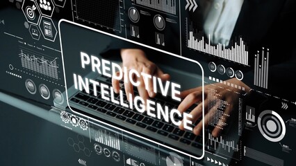Hands Typing on Laptop with Data Analytics Graphics and Predictive Intelligence Concept in Modern...
