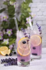 Summer refreshing non-alcoholic lavender spritz drink with blueberries