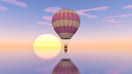Fototapeta premium Hot air balloon floats over water at sunset with a golden glow
