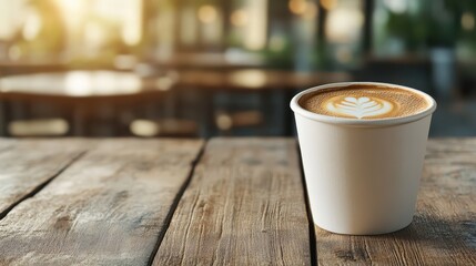A beautifully crafted latte sits on a rustic wooden table, showcasing intricate foam art and a warm, inviting atmosphere perfect for coffee lovers and casual meet-ups.