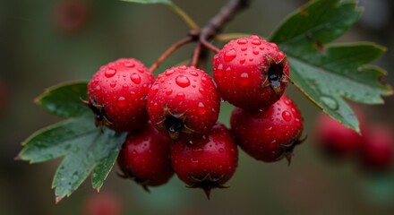 Close-up of red hawthorn berries on a branch with green leaves, covered in water droplets, against a blurred background.