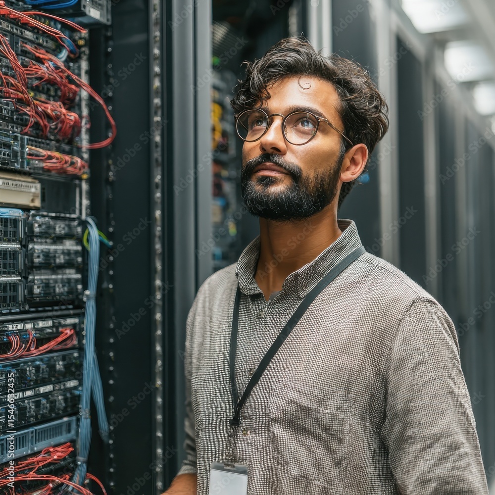Poster indian it professional in server room - a focused indian it professional checking servers in a data 