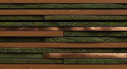 Horizontal layers of wood, green mossy stone, and copper create a textured and patterned background.