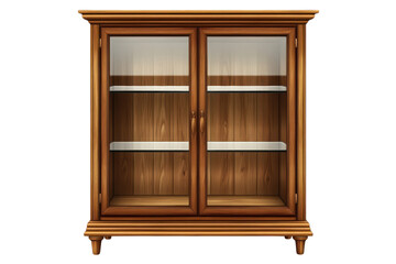An inviting empty wooden display cabinet with glass doors waiting to showcase treasures on transparent background