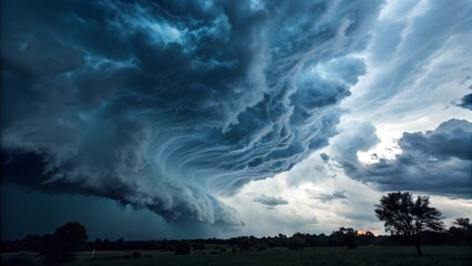 Dramatic Shelf Cloud over Rural Landscape at Sunset, Dark Blue and Gray Tones