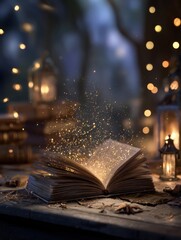 Magic, fantasy and spiritual with book and light on table for fairytale, imagination and night. Ai generated, inspiration and learning with literature and glitter for magical, education and hope