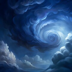 Abstract swirling cloudscape at night, dark blue and white tones, celestial vortex, dreamy atmosphere, digital painting