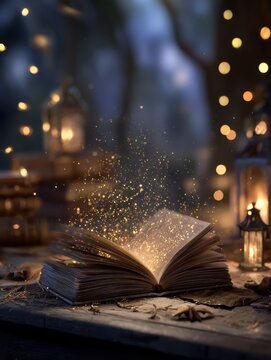 Magic, fantasy and spiritual with book and light on table for fairytale, imagination and night. Ai generated, inspiration and learning with literature and glitter for magical, education and hope