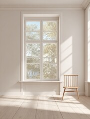 Fototapeta premium Minimalist interiors composition in plain colors with a large window, minimal furniture and copy space. Residential interiors design composition for Real Estate.