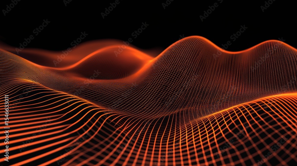 Poster abstract orange wave grid pattern on black background.