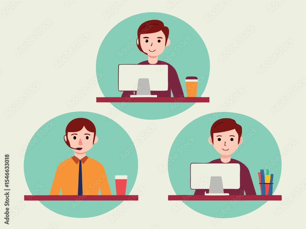 Aufkleber three cartoon men working at desks with computers and drinks set against teal circles and a cream ba