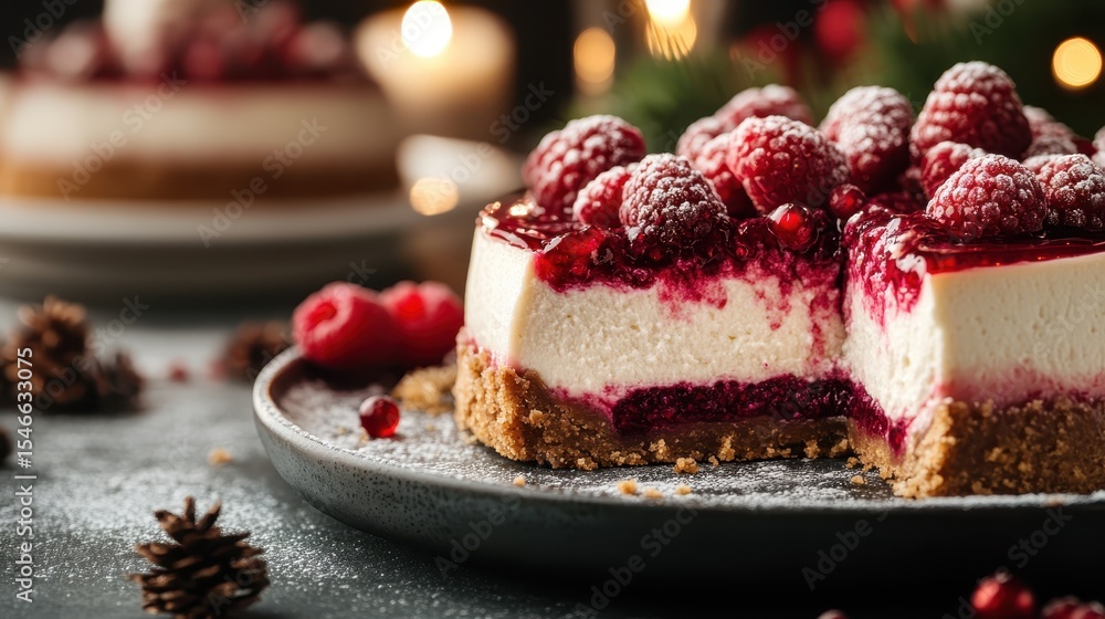 Poster luxurious cheesecake topped with fresh raspberries and surrounded by candles, creating an inviting a