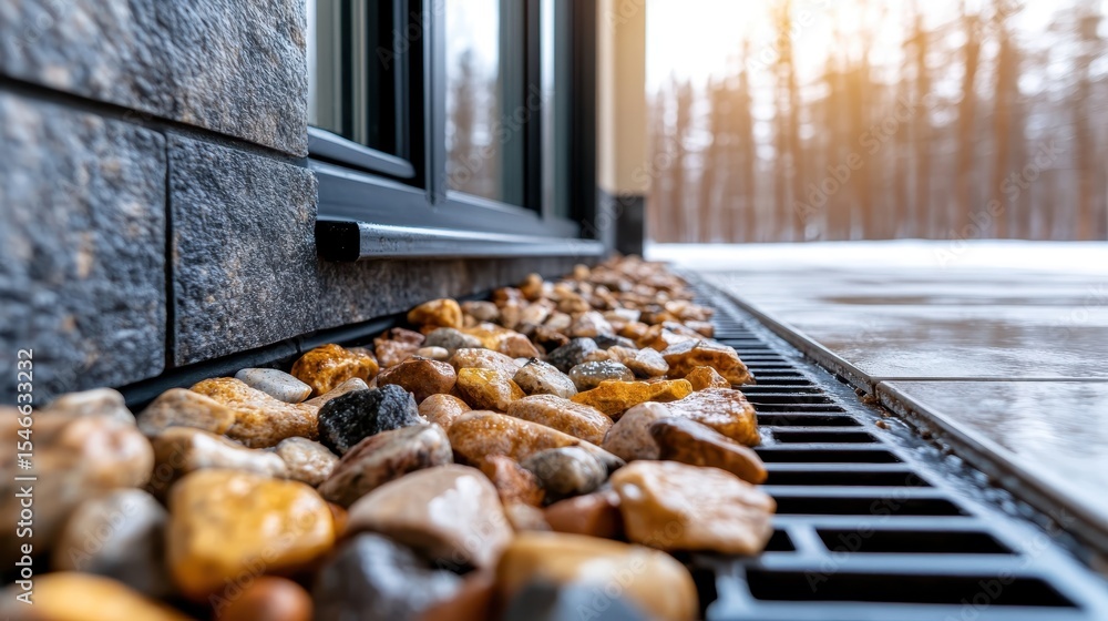 Poster a low-angle shot capturing a row of smooth pebbles resting along the edge of a modern building, symb