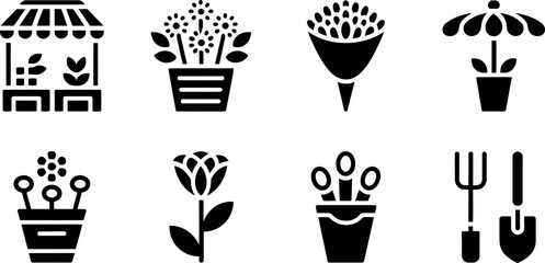 Flower shop icons vector set design for gardening and floral arrangements with market stall and tools editable stock vector illustration