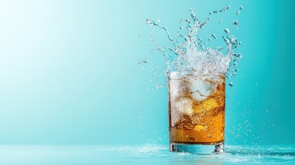 A dynamic splash of beverage emerging from a clear glass against a turquoise backdrop, captured in an exhilarating moment that evokes refreshment and joy in a spirited design.
