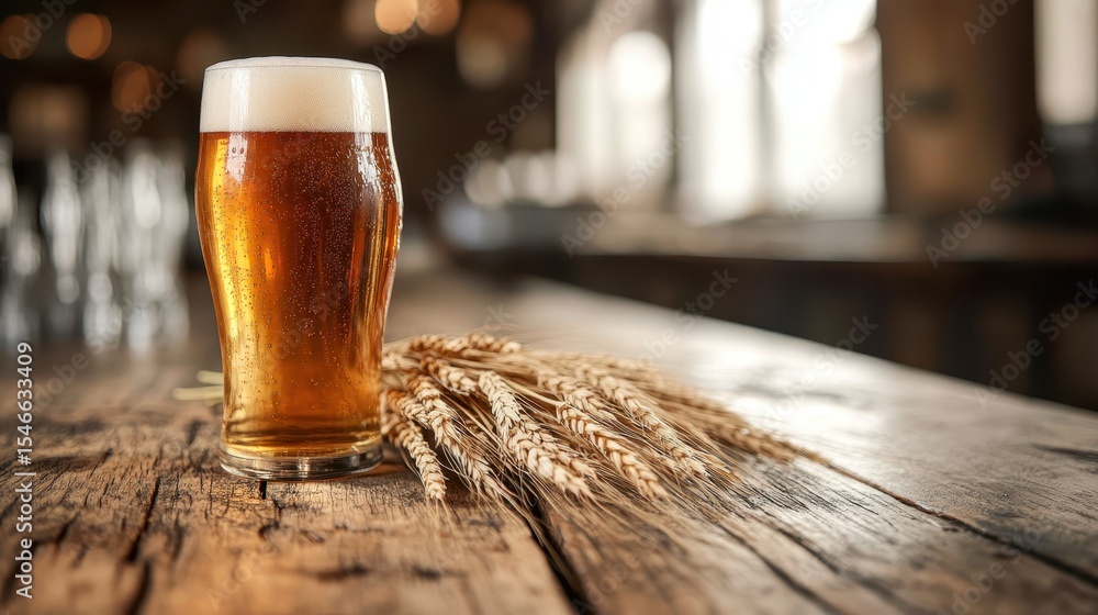 Poster this image features a chilled glass of beer accompanied by a few stalks of wheat, capturing the esse