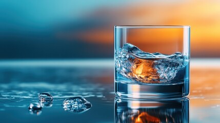 A glass of whiskey filled with ice sits on a reflective surface, capturing the essence of relaxation as the warm colors of the sunset create a perfect evening vibe.