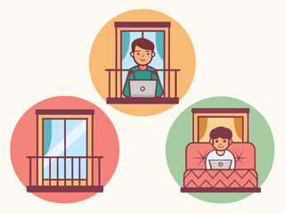 Cartoon Illustration of People Working Remotely From Home on Balconies and in Bed with Laptops Isolated on Colored Circular Backgrounds
