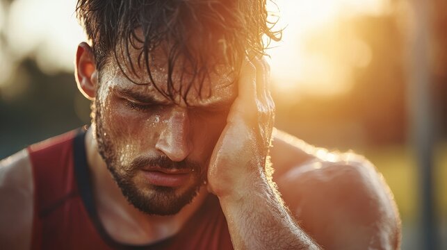 A close-up of a male athlete experiencing physical struggle during a workout. The sweat drips as he pushes through exhaustion, embodying resilience and determination.