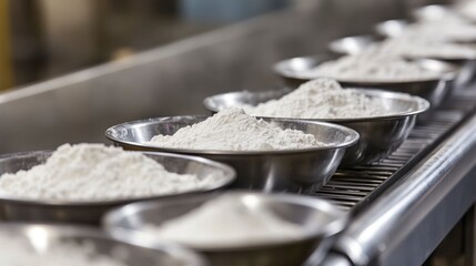 Stainless steel bowls of white flour move along a conveyor belt in a food processing plant.
